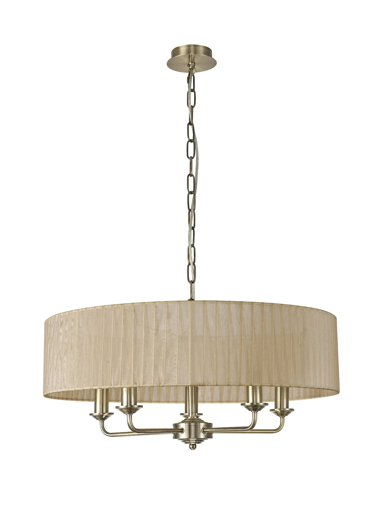 Banyan 5 Light Multi Arm Pendant With 60cm x 15cm Organza Shade Antique Brass/Soft Bronze DK0870  Deco Banyan AB SB